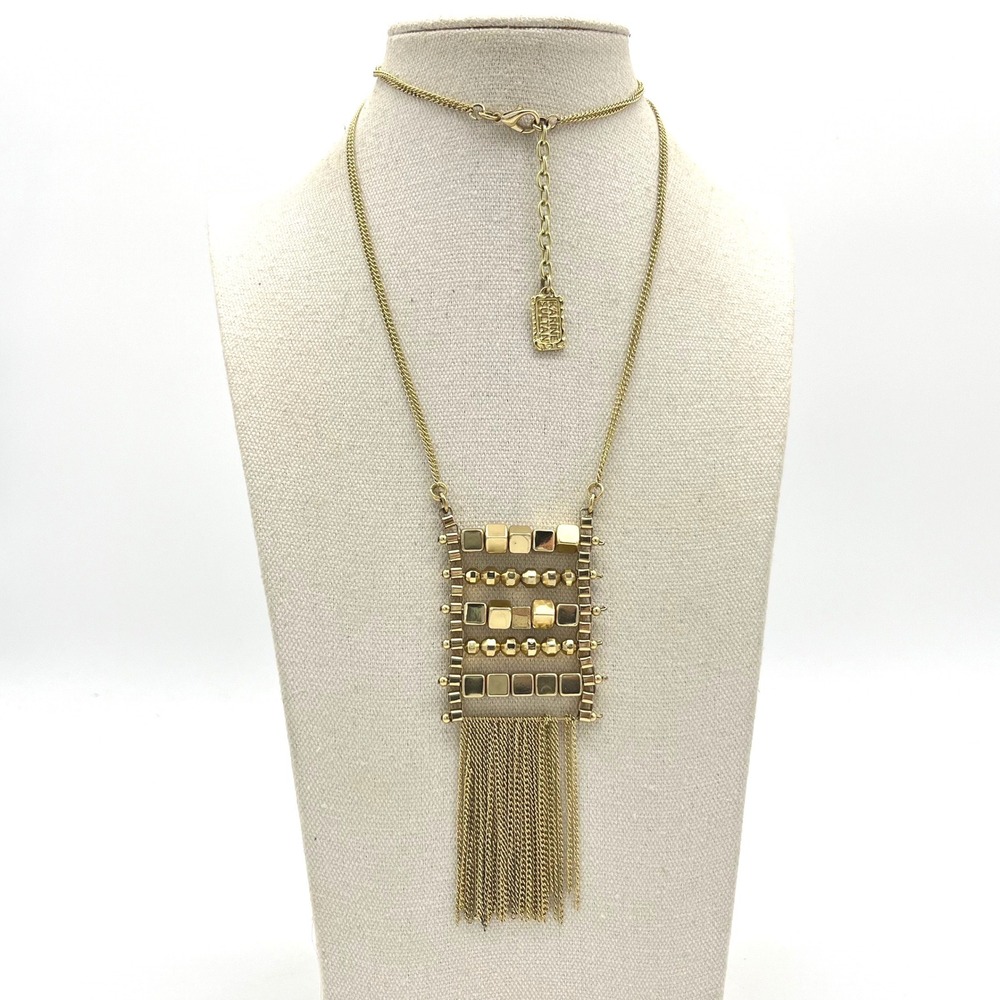 Karine Sultan Gold Tone Geometric Bib Fringe Tassel Necklace